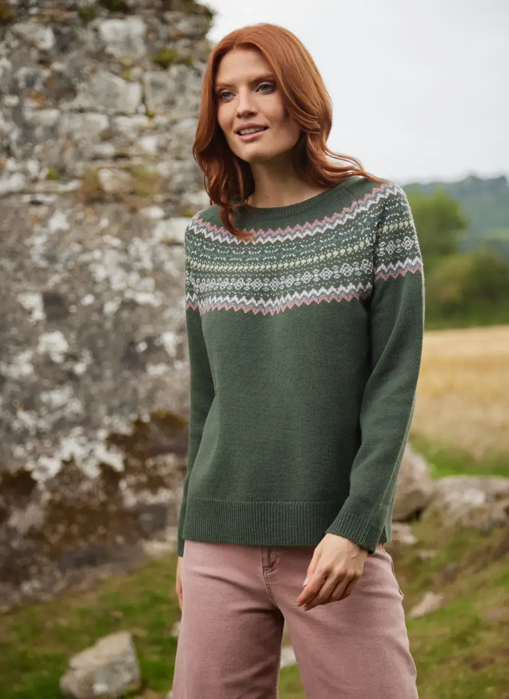 Holly Merino Fairisle Crew Neck Sweater in Olive Green